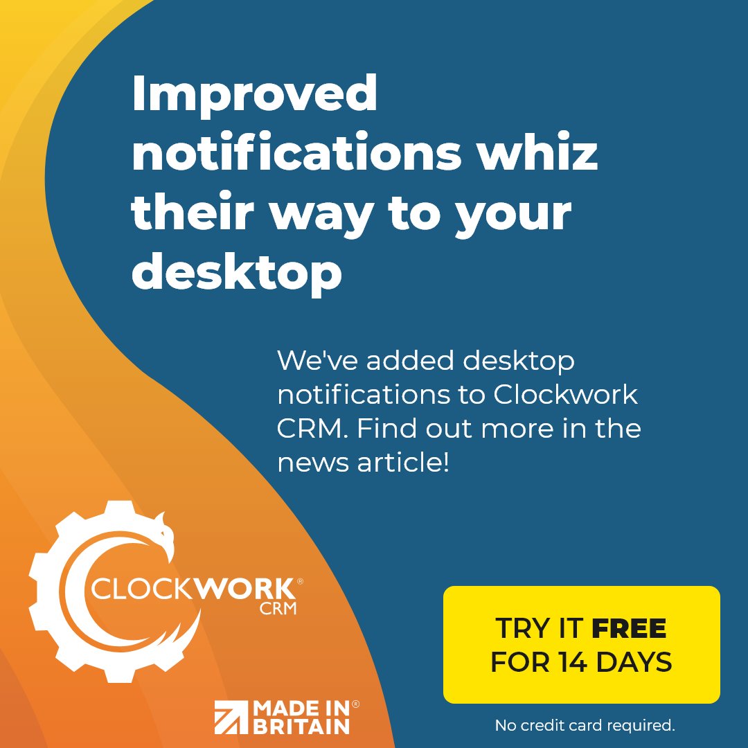 ClockworkCRM's tweet photo. We've added desktop notifications to Clockwork CRM, so you'll be kept up-to-date even when you aren't viewing your CRM! 💻🔔
Have a read of our short news article to find out more:
https://t.co/3NRKCfdqFx
#softwareupdate #crmupdate #crmsoftware #crm #software #clockworkcrm https://t.co/DesR7Gjh3Q