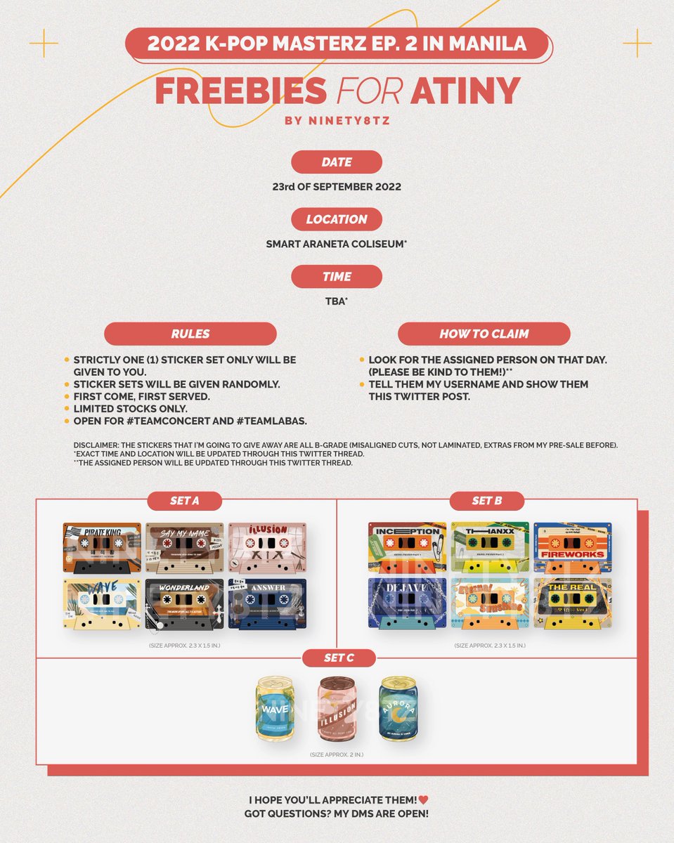 ninety8tz's tweet photo. [RTs are appreciated!]

#KPopMasterz2inManila freebies for ATINY ❤️
see post and twitter thread for more details!

(although i won't be able to attend the concert, a kind atiny offered their help to distribute my freebies on the concert day!)

#ATEEZ #KPM2inManila #ATEEZinManila https://t.co/L9OmPCVDpU