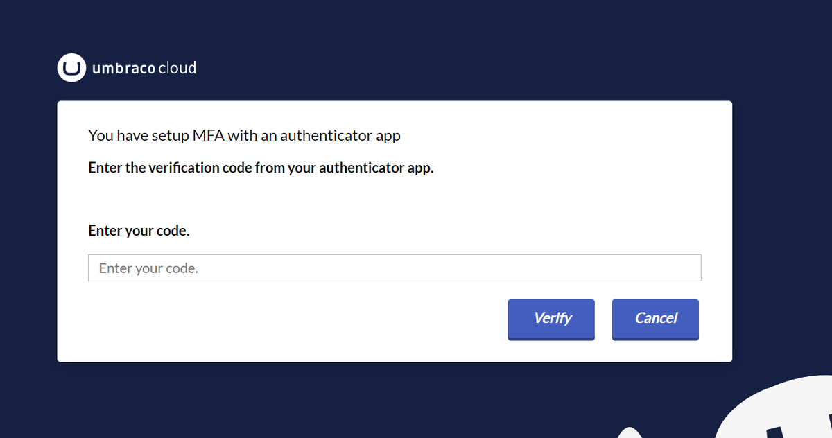 sitereactor's tweet photo. uh la la ... what is this? Looks like 2FA in Umbraco Cloud😎 https://t.co/YY7u7qjQ9l