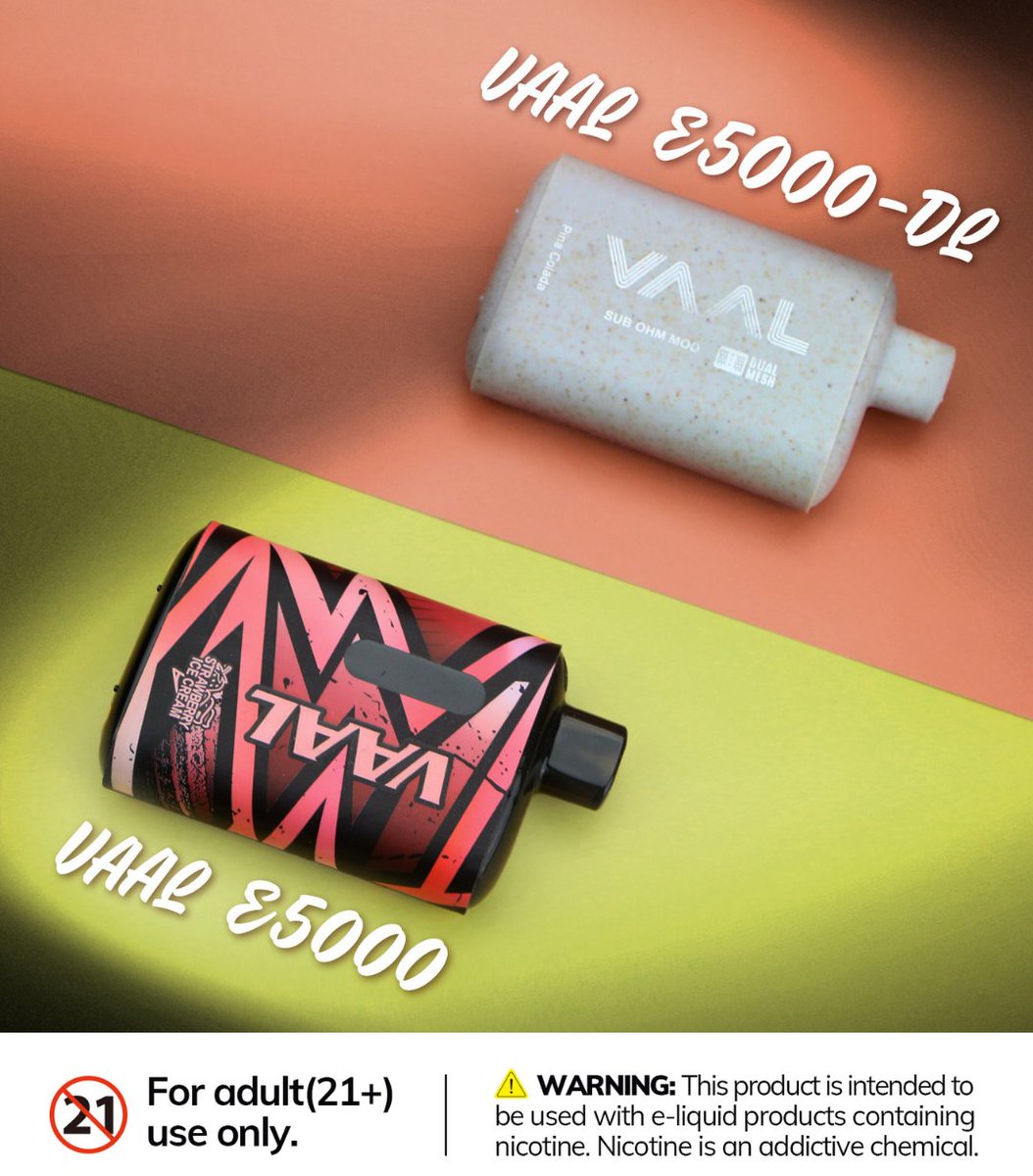 VaalVapor's tweet photo. VAAL E5000 and E5000-DL, which one will you go for?
WARNING: This device contains nicotine, nicotine is an addictive chemical.
#vaal #vaping #vapeon #vapecelebrity #stopsmoking #vapinglifestyle #disposable #vapeworld #eliquid #vapepics #rechargeablepod #vaale5000 #vaale5000dl https://t.co/At84yrDZYi