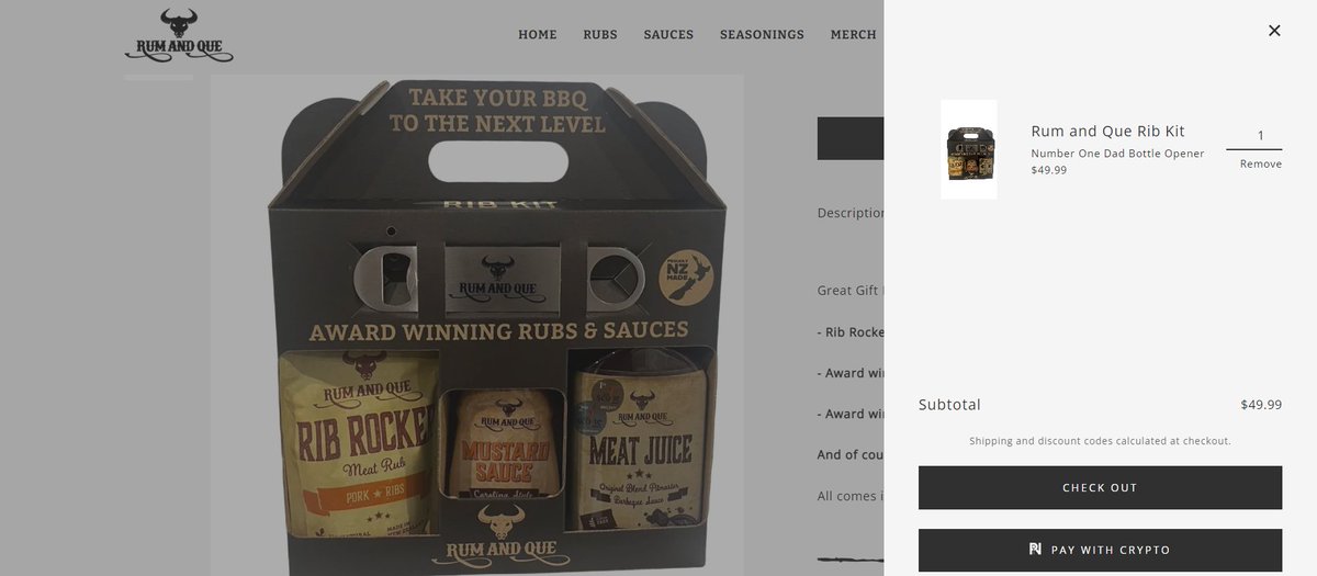 PayItNow_PIN's tweet photo. Father Day present brought through @rumandquebbq, who have unitised the Pay It Now #PIN Network to add a #Shopify pay with #crypto button.

Check out all of Rum &amp; Que’s delicious treats at https://t.co/voPP38hz1w

#BBQ #Sauces #Butcher #NZMade #Cryptocurrency #Defi #FintechNZ https://t.co/lXdVa7KtSj