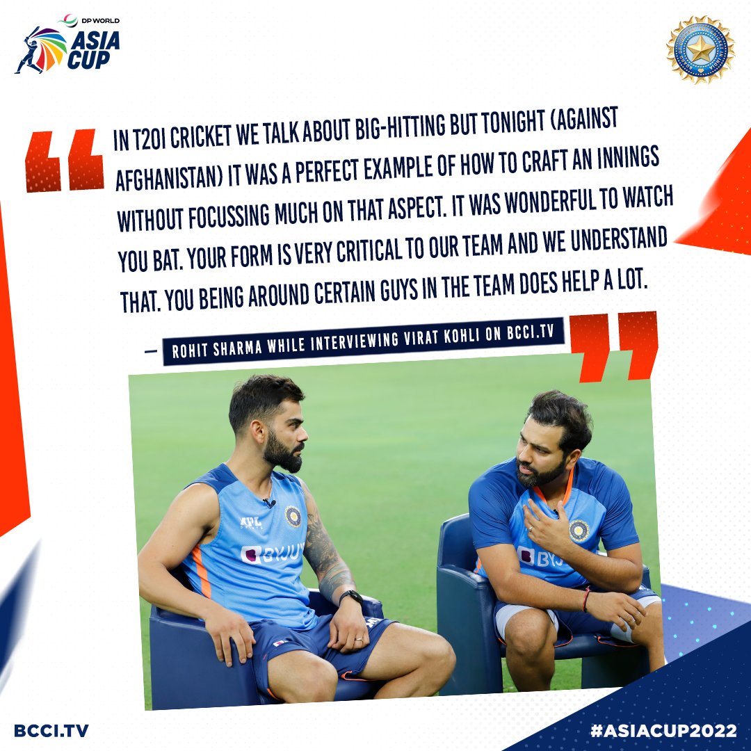 Some special words of praise for <a href="/imVkohli/">Virat Kohli</a> from <a href="/ImRo45/">Rohit Sharma</a> after that magnificent 💯 last night 👌👌

ICYMI, watch the full interview 🎥👇
bit.ly/3KY25J3

#TeamIndia #AsiaCup2022