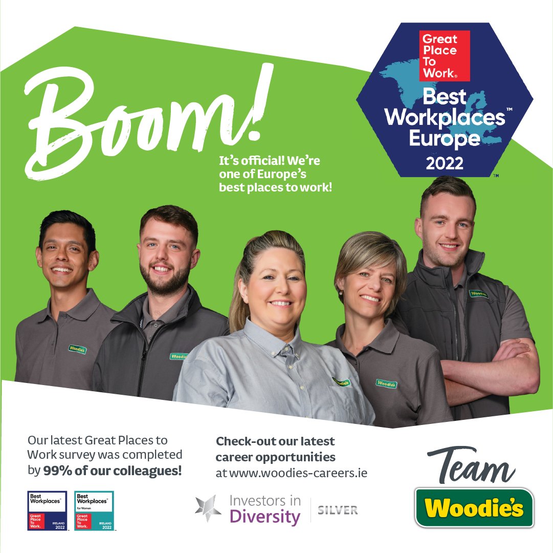 Woodie’s has been officially named one of the Best Workplaces in Europe for the second year running. Thanks to our amazing colleagues, who make Woodie’s such a great place to work! #TeamWoodies #GreatPlaceToWork