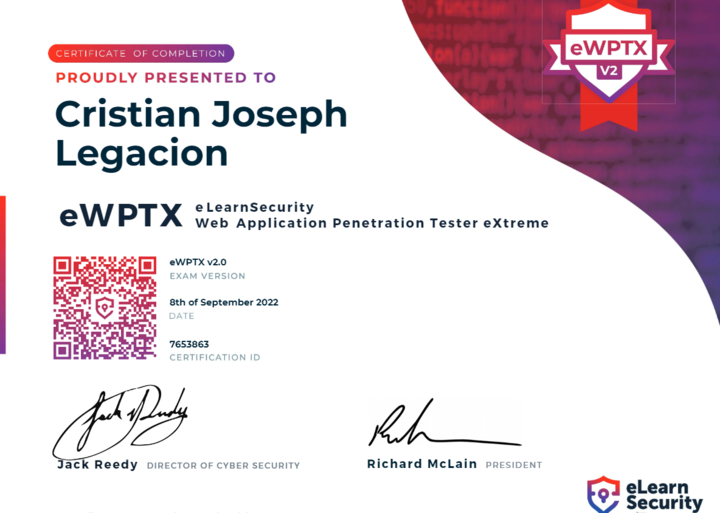 LegacionCj's tweet photo. I'm now @eLearnSecurity eWPTX certified! Thanks to @SecunaSecurity https://t.co/67zTFLhWuw