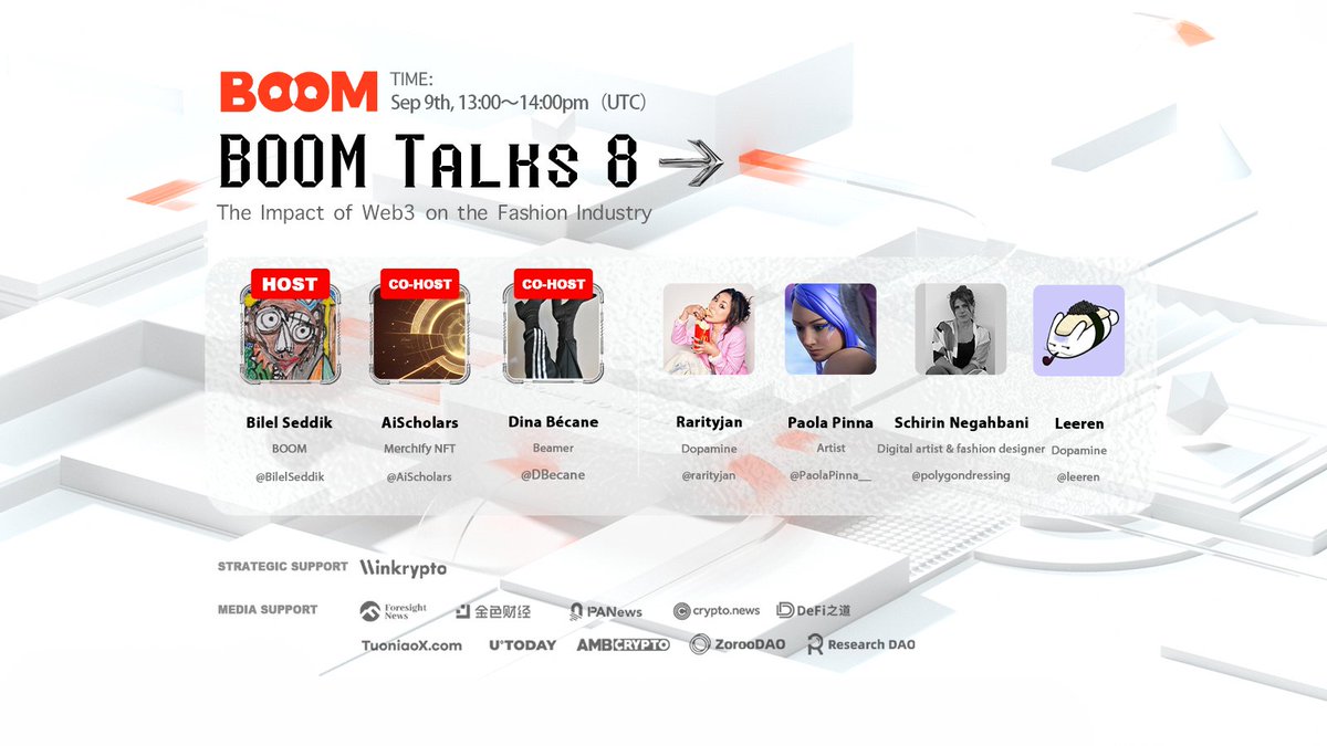 boomapporg's tweet photo. 🚩Boom Talks #8 (In English)
⏰Sep 9th, 13:00-14:00pm UTC
🎙️The Impact of Web3 on the Fashion Industry

How #Web3 impacts the fashion industry?
How could fashion brands enter #Web3 metaverse?

🎁5 lucky draws for $100 
✅follow +rt + like 
✅set a reminder for this talk
#SocialFi https://t.co/GIbUHcIz2h
