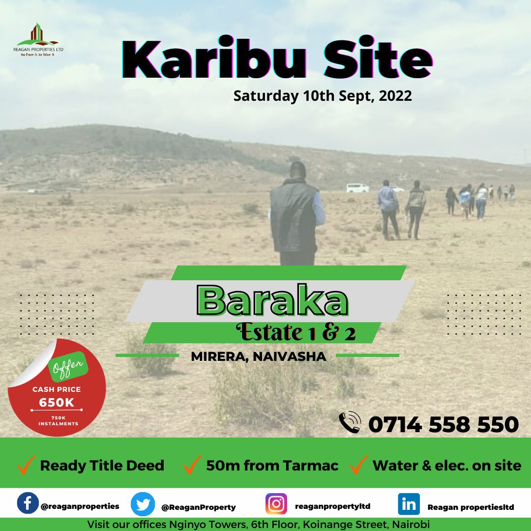 ReaganProperty's tweet photo. TWENDE NAIVASHA tukaone shamba! It all starts here, you SEE, VISUALIZE and then BUY. Transport and refreshment are on us. Call us +254 714 558550 to enjoy a discounted cash price of Kes. 650,000.
#Naivashaplots #ReadyTitleDeeds #LandForSale #valueaddedplot #bomas #Wetangula https://t.co/nFeMifYnlt