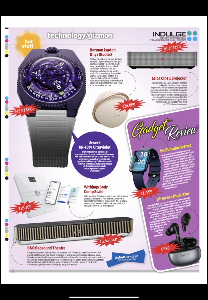 ashokpandian's tweet photo. Check out the latest speakers, projectors and watches @indulgexpress and INDULGE,NIE print/epaper #harmankardon #leica #urwerk #boultaudio #ptron #withings #beosound https://t.co/iNWOIojib6