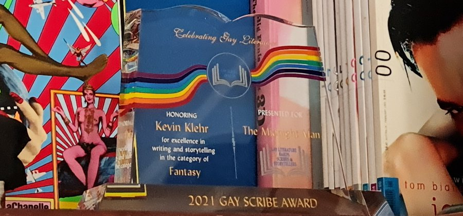 Thank you <a href="/GayScribeAwards/">Gay Scribe Awards</a>. It's such a beautiful trophy. Not sure where to put it but for the moment it's sitting up here for inspiration.