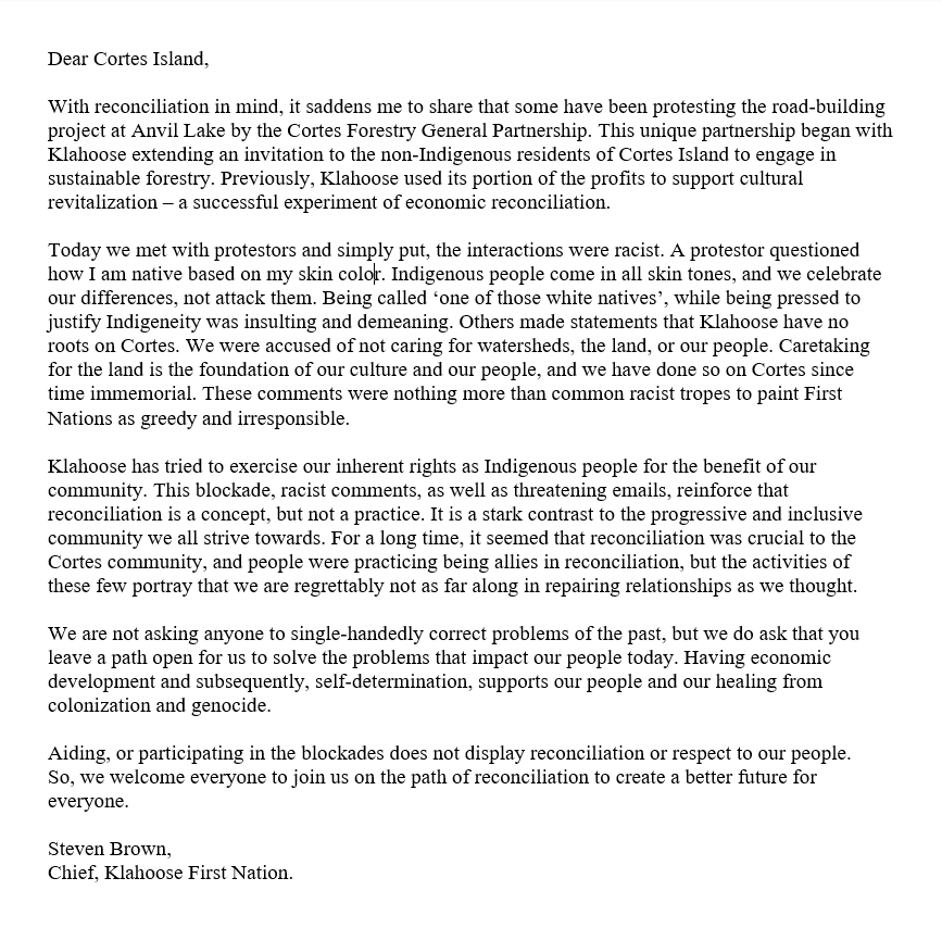 Dear Cortes Island:

#reconciliation #Indigenoustwitter #abetterfuture #KlahooseFirstNation #IndigenousPeoples