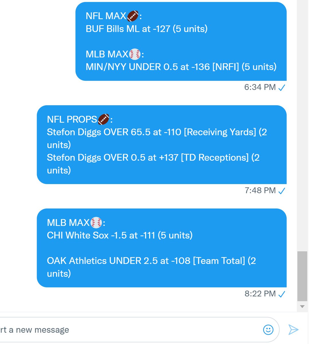 SolidSportsBets's tweet photo. 💯🏈PERFECT!⚾💯

#NFL &amp; #MLB:
6-0, 100% for +21.74 units! (1-5 units/play)📈

$10/unit bettors: +$217.40!💰
$20/unit: +$434.80!💰
$50/unit: +$1,087!💰
$100/unit: +$2,174!💰
$1000/unit: +$21,740!💰

Professional, Proven &amp; Documented Success🗃
#TimeStampVerified✅ #GamblingTwitter https://t.co/mqljR0gOH6