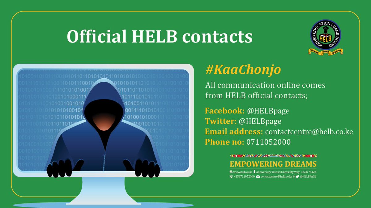 All online communication from HELB comes through our Facebook page (The Higher Education Loans Board Page @HELBPage) and our verified Twitter handle (OFFICIAL HELB PAGE @HELBpage) #KaaChonjo