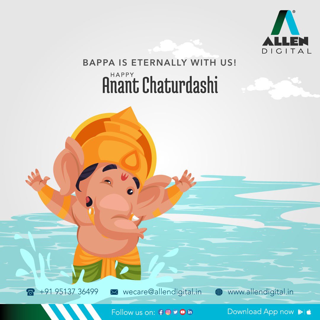 ALLENDigital_In's tweet photo. May this auspicious occasion bring joy, fulfillment, peace and prosperity to your life! Let the anticipation begin to welcome Bappa back next year. Allen Digital wishes you a very happy Anant Chaturdashi!
.
#ganpatibappavisarjan #ganpativisarjan #allendigitalclasses #allendigital https://t.co/9Qi2zWT180