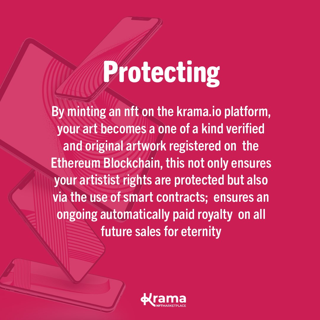 KramaNft's tweet photo. PROTECTING | By minting an nft on the https://t.co/FClWXMNUW4 platform, your art becomes a one of a kind verified and registered on the Ethereum Blockchain, ensures your artist rights are protected, an ongoing automatically paid royalty on all future sales for eternity. #nftart https://t.co/XNkDQ947X2