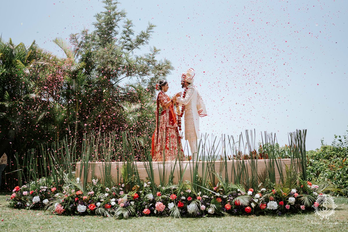 “In this world, it’s just us!” Don’t they look absolutely gorgeous with the mandap complementing their love?

#weddingdecor #weddinginteriors #weddingdecorinspiration #weddinginspo #weddingdecoration #colouroftheseason #weddingseason #samanidecorators
#mandap #mandapdecor