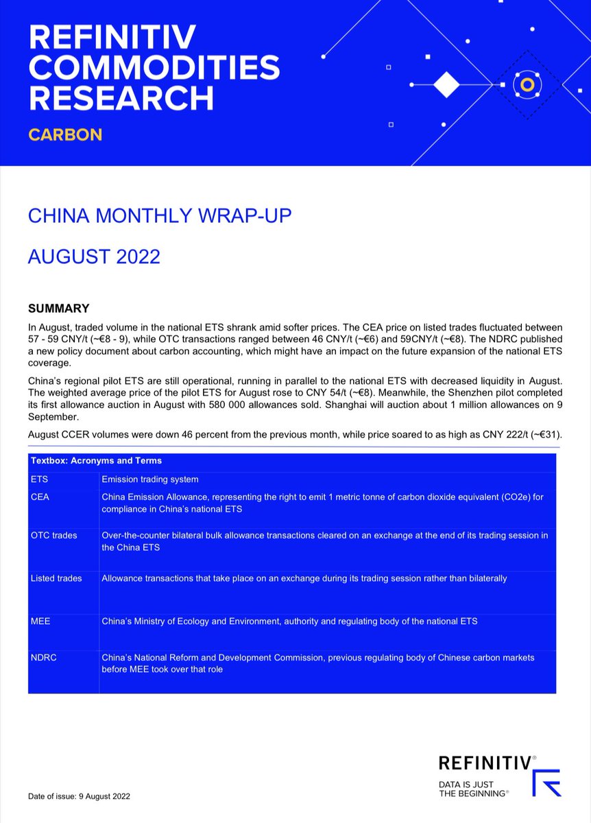 New release of China Carbon August monthly market wrap-up 🤓

👉Softer price of CEA ? New carbon accounting policy impacting #CNETS
industry expansion 

👩‍⚖️Shenzhen and Shanghai auctioning in the primary market? 

🎋CCER soared to as high as €31/t #OCTT 

Check Eikon China app ！