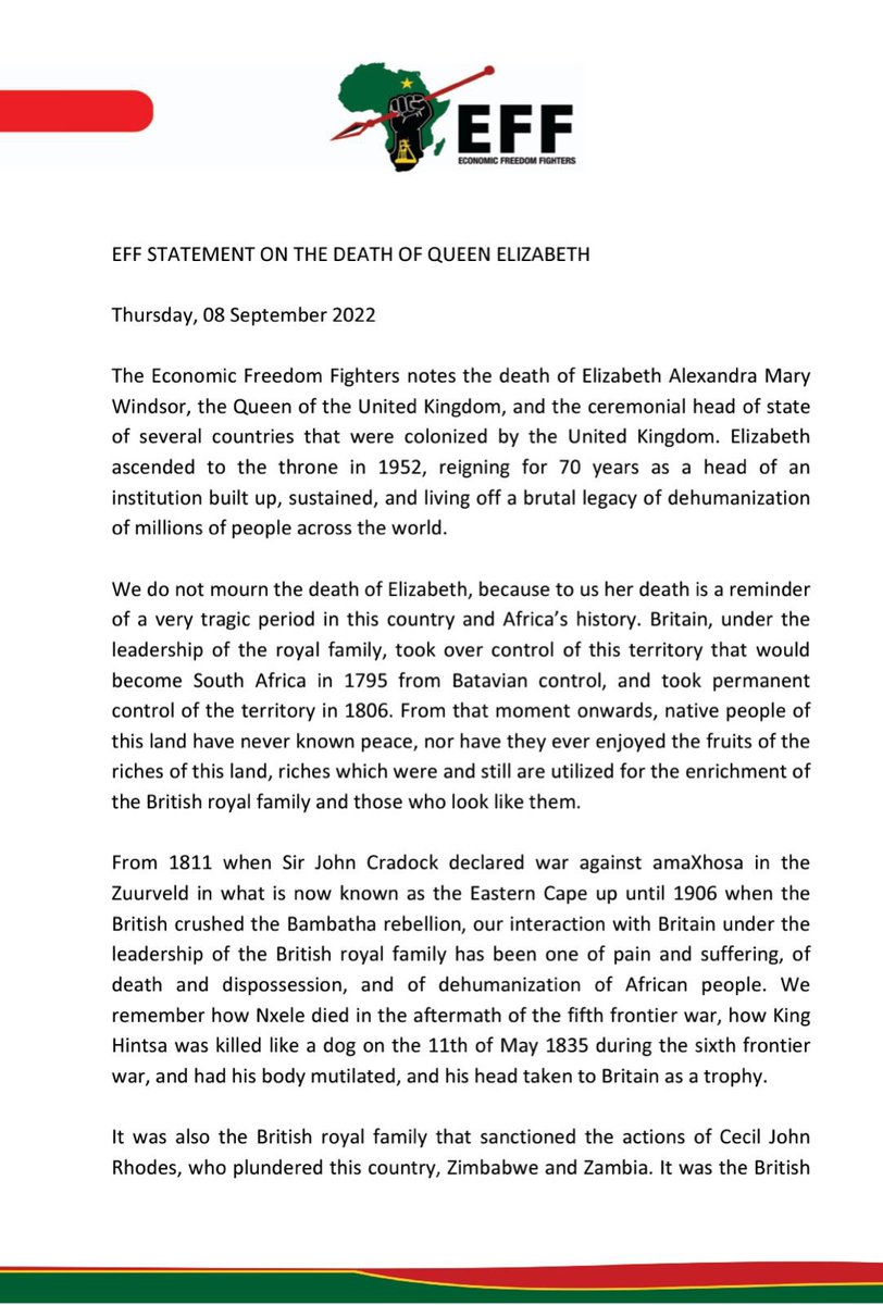 Caramelcofi's tweet image. @Julius_S_Malema has chosen not to mourn the queen. That he won't take part in this hubris. Selah