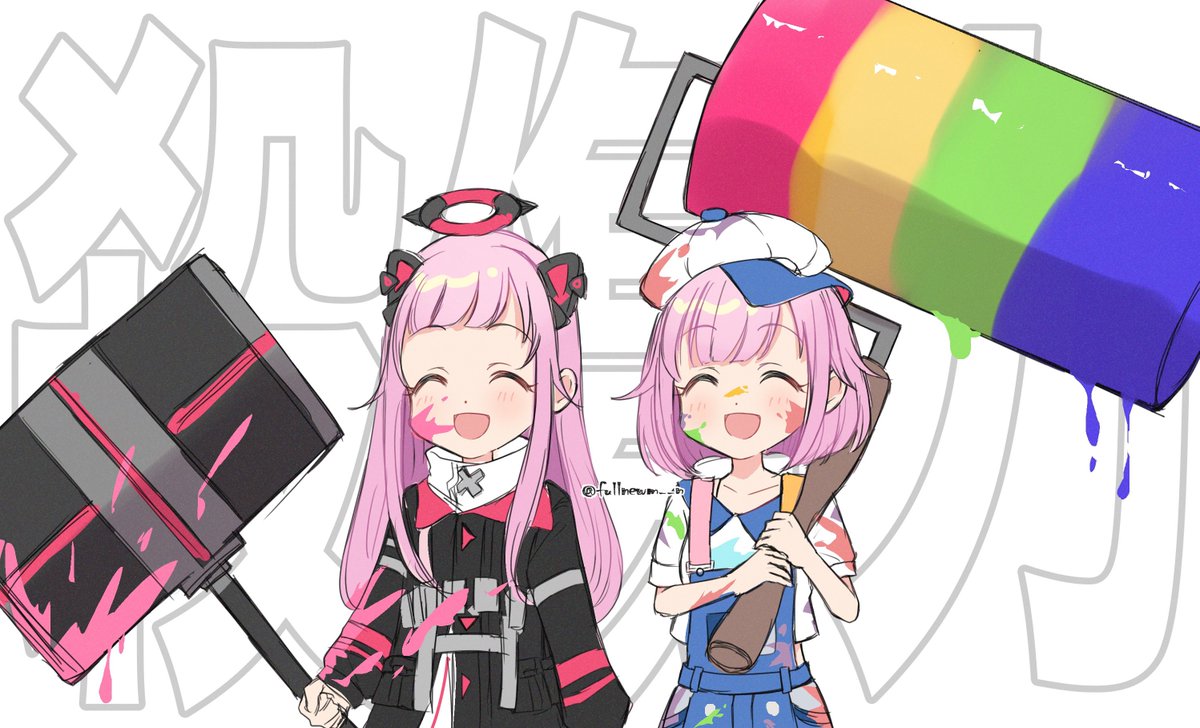 paint splatter on face multiple girls 2girls pink hair closed eyes overalls hat  illustration images