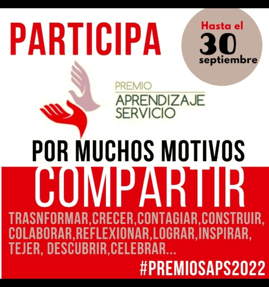 REDAPS1's tweet photo. Desde la Red Española Aprendizaje-Servicio os animamos a participar en los #PremiosApS2022 por muchos motivos como el de "COMPARTIR" vuestros proyectos para que lleguen más lejos. 🧵👇1/2 https://t.co/SGFBwMVd2a