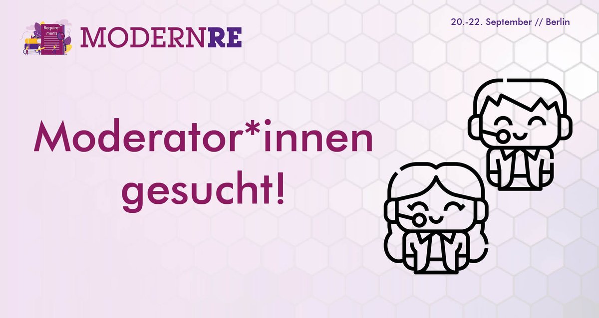 Modern RE (@modern_rm) on Twitter photo 📢 Für unsere Modern RE Konferenz vom 20.-22.09.2022 in Berlin, sind wir auf der Suche nach Unterstützung bei den Moderatorentätigkeiten.
🎤 An- & Abmoderation des Vortrags
🎤 Zeitmanagement
🎤 Moderation der Fragen aus dem Publikum
Meldet euch bei uns <a href="/dieFolmerin/">Franziska Folmer (geb. Mai)</a> 📢 Für unsere Modern RE Konferenz vom 20.-22.09.2022 in Berlin, sind wir auf der Suche nach Unterstützung bei den Moderatorentätigkeiten.
🎤 An- & Abmoderation des Vortrags
🎤 Zeitmanagement
🎤 Moderation der Fragen aus dem Publikum
Meldet euch bei uns <a href="/dieFolmerin/">Franziska Folmer (geb. Mai)</a>