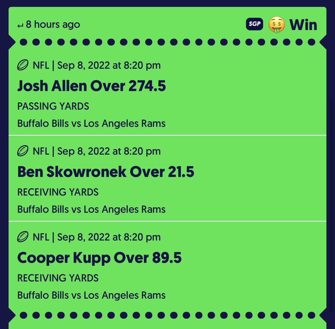 manchvegaspicks's tweet photo. Same game parlay hits lovely and a great start to the NFL Season🥳😈🏈🩸 we will be back on Sunday with some free plays to rock with!!! Come up with MANCHVEGASPICKS this Season we taking over!💰💸💸💸#GamblingTwitter #dannydimes #RIPBOZO #betting #gambling #NFLKickoff #ramssuck https://t.co/NI24rPiKxR