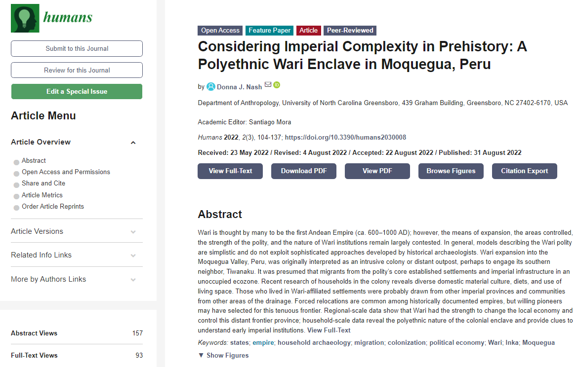 New publication by Donna J. Nash @uncg_anthro 
Considering Imperial Complexity in Prehistory: A Polyethnic Wari Enclave in Moquegua, Peru https://t.co/KOH4k1IsFH via #mdpisocsci #Peruarchaeology #Andean #Imperialism https://t.co/Vtt3KLkltn