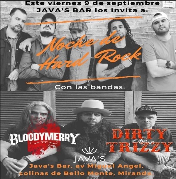 Noche de Hard Rock con Bloody Merry y Dirty Trizzy en Java´s Bar de Caracas: Prensa Cresta Metalica Este viernes 09 de septiembre de 2022, las bandas venezolanas de Hard Rock, Bloody Merry y Dirty Trizzy se estarán presentando en los espacios de Java’s… dlvr.it/SY1dD5