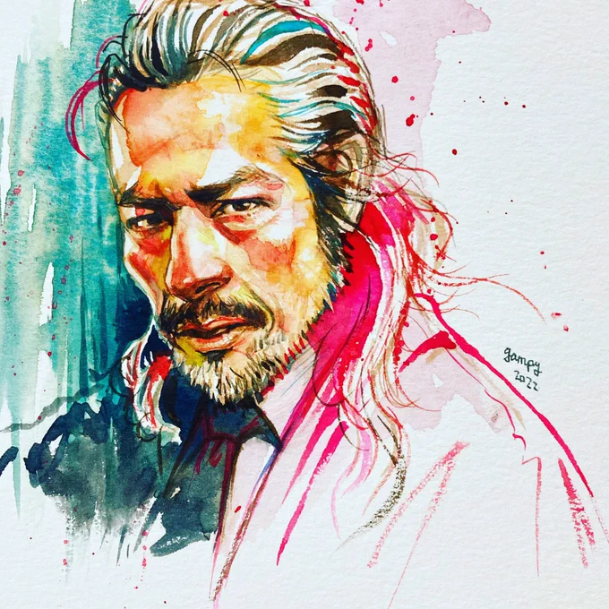 映画「ブレット・トレイン」のエルダー(真田広之さん)を描いてみました。渋くてメチャクチャかっこいい役がハマってました。超特急列車内での殺陣、流石。#bullettrain #hiroyukisanada #fanart#watercolor 