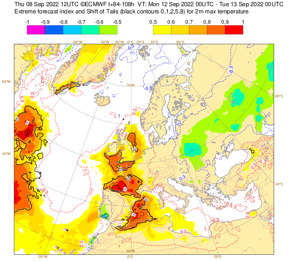 Après la chaleur précoce, voilà la chaleur tardive.
L'Extreme Forecast Index Tmax s'approche de 1 sur sud Aquitaine pour lundi, ce qui témoigne d'une très forte déviation par rapport à la climatologie.
Des T proches des records mensuels prévues.
Cela se décale plus à l'est mardi. 