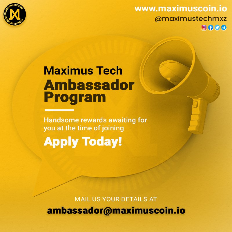 maximustechmxz's tweet photo. Maximus Tech #ambassador program 

Handsome #rewards awaiting for you at the time of joining,  

APPLY TODAY 

#maximustech #mxz #decentralizedcloudstorage #web3 #cryptocommunity #blockchain #metamask #maximuscoin #ambassadorsearch #influencer https://t.co/2hDlyvKTN5