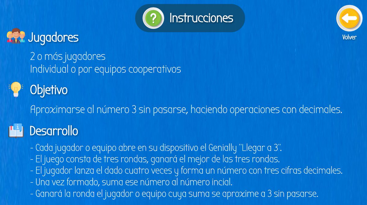 dacilgonz's tweet photo. 🎲Los #dados nos das muchísimas posibilidades en
clase de #matemáticas para practicar diferentes
conceptos. "Llegar a 3" es un #juego donde los
estudiantes repasarán y practicarán la suma de decimales mientras se divierten.
https://t.co/j8pcrSwe3F
@sandboxeduca @genially_es https://t.co/RmgjiRcAjC