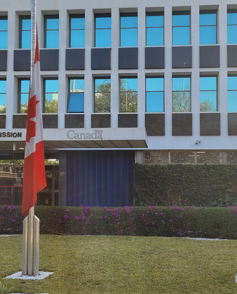 CanadaZambia's tweet photo. The official mourning period for Her Majesty, Queen Elizabeth II has begun. 

The flag at @CanadaZambia has been lowered to half-mast as Canadians around the world mourn the passing of Her Majesty, Queen of Canada. https://t.co/HQX0ZG33zh