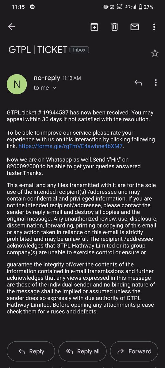 kalpeshsen12's tweet photo. This is @GTPLHathwayLtd  my wifi is still down but the complainant automatically gets resolved !! Kudos👏👏👏👏 https://t.co/l3fdqiPi0T