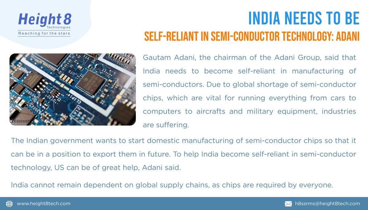 Height8Ltd's tweet photo. India needs to be self-reliant in semi-conductor technology.
Follow us for more such information.
#newsofindia #semiconductor #india #selfreliant #IT #news #H8 #height8 #telecoms https://t.co/1Ly67Womkd
