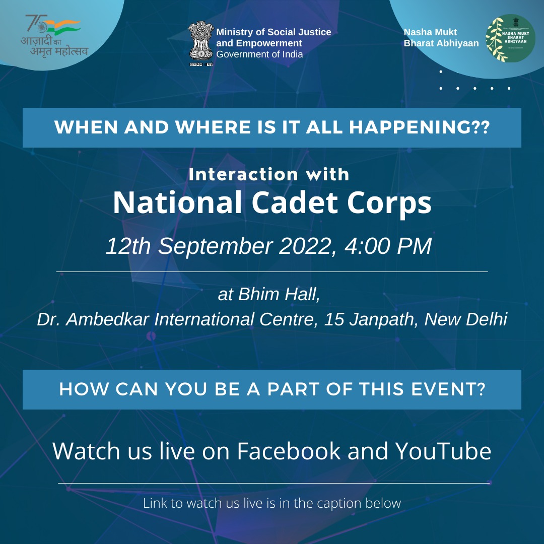 NMBA_MSJE's tweet photo. All that you need to know about NMBAs program on 12th September 2022 is here. 

Watch the Interaction with National Cadet Corps by Shri Rajnath Singh Hon'ble Minister for Defence and Dr Virendra Kumar Hon'ble Minister for SJE on 12 September 2022 live on. https://t.co/MO6BDDT3Zf