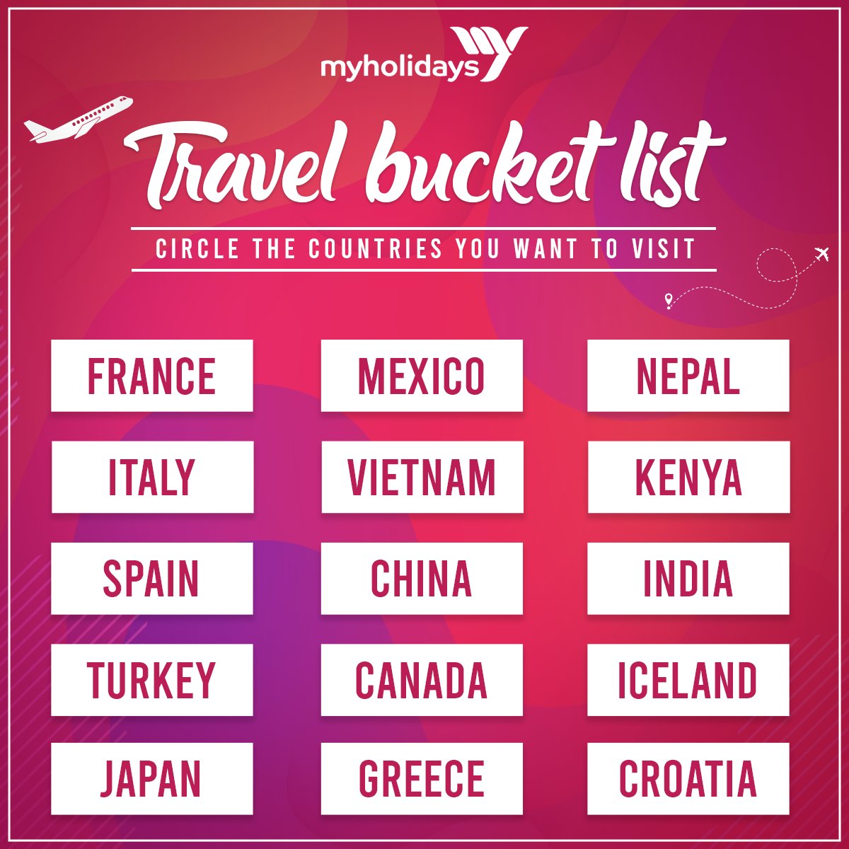 Where do you want to spend your next holiday? A country with serene views of beaches and mountains or a place full of rich culture and heritage. Circle the countries that you want to visit. 

#myholidays #travellife #traveldiaries #travelgram #travelling #nextvacation