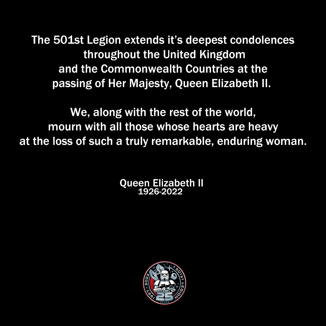 501stLegion's tweet photo. Rest in peace Her Majesty Queen Elizabeth II 1926-2022.

#BucketsOff #RestInPeace #QueenElizabethII https://t.co/I7KhmWkgHd