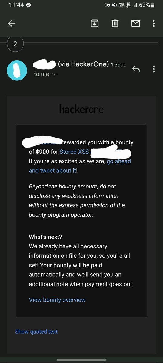 First bounty of September 2022!❤️❤️❤️ <a href="/Hacker0x01/">HackerOne</a>! hackerone.com/ivreznap #TogetherWeHitHarder