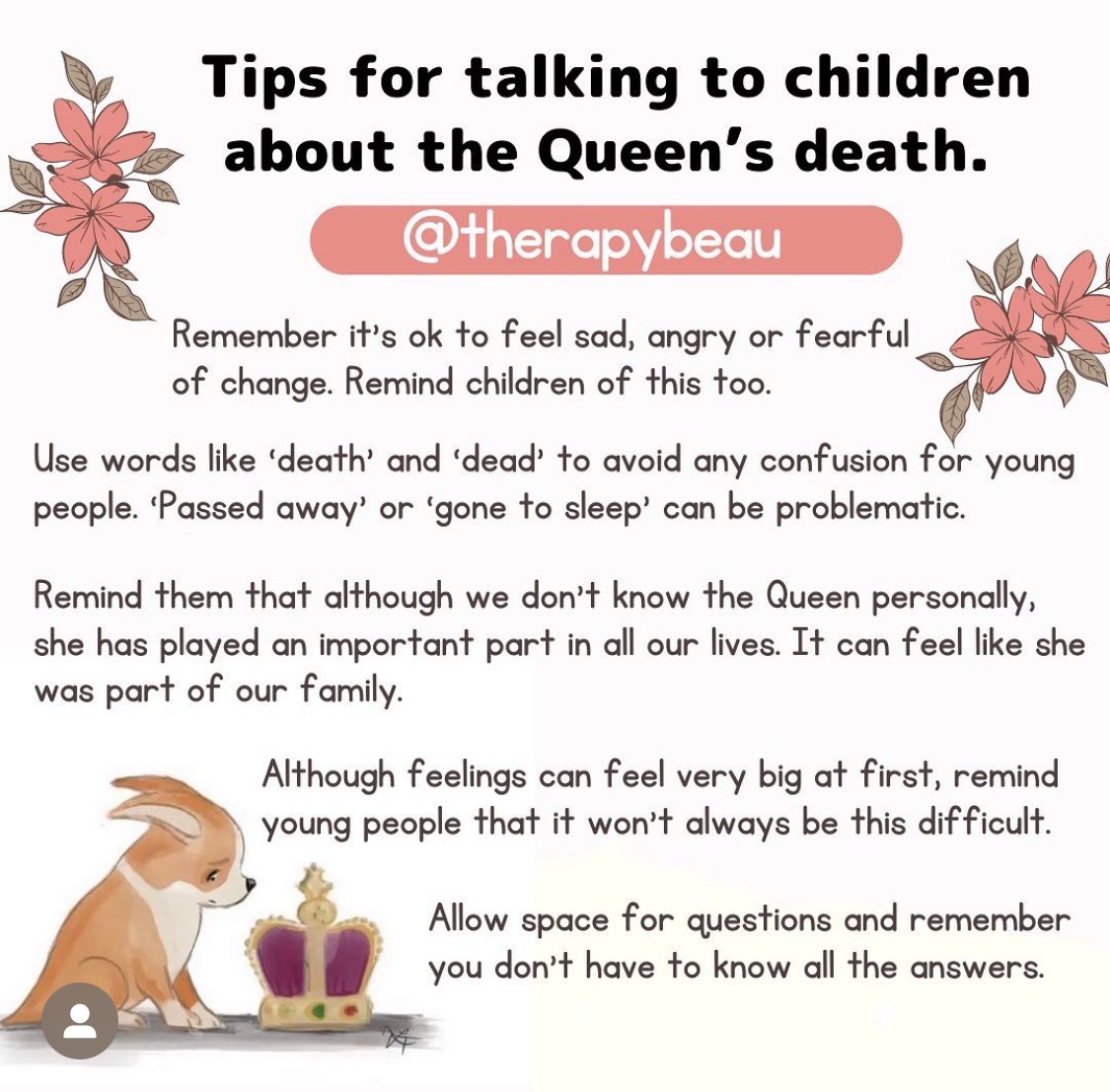 Tips for talking to Children about the Queens death by the fabulous @therapybeau... she's on Instagram and she's fabulous! #talkingdeath #loss #grief