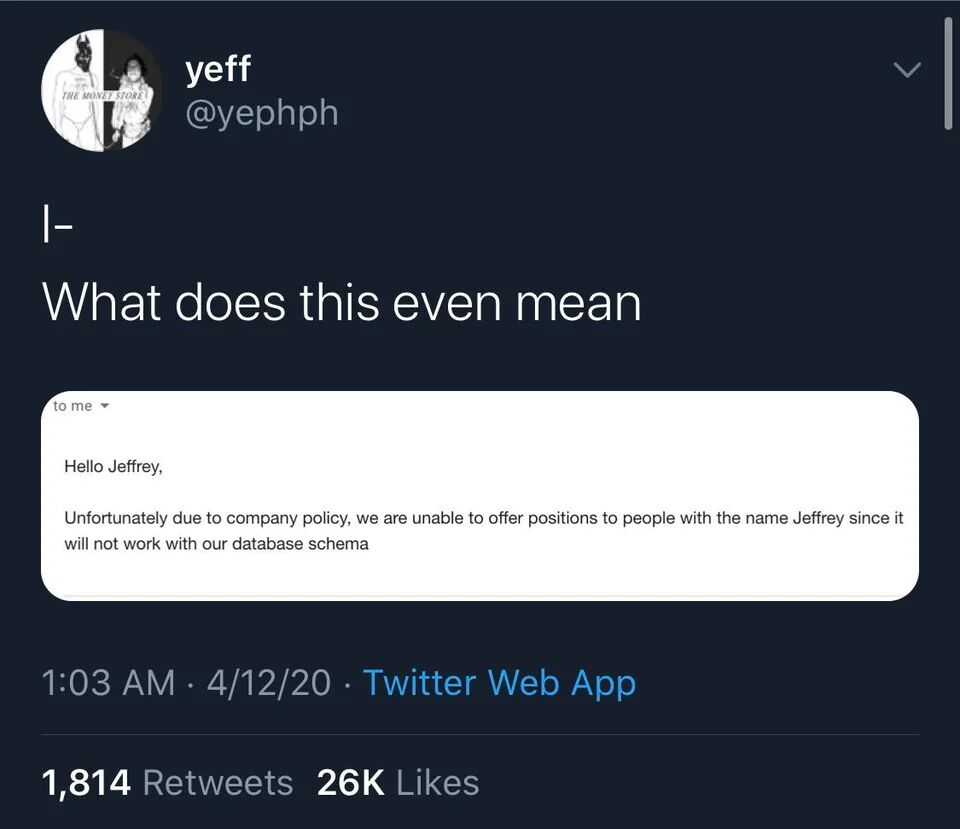 hackertrail's tweet image. Looks like someone really Jeff’ed up their database 😁

#FridayHumor #TGIF #programmerhumor #funnymeme #HackerTrail #hiring #Singapore #India

Meme found at: r/ProgrammerHumor