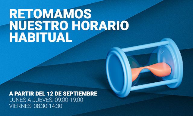 A partir del lunes 12 de septiembre, recuperamos nuestro horario habitual de atención telefónica y presencial:

HORARIO SAT / COMERCIAL
Lunes – Jueves: 09:00 – 19:00
Viernes: 08:30 – 14:30
  
HORARIO ALMACÉN
Lunes – Jueves: 09:00 – 14:00 | 15:00 – 18:00
Viernes: 09:00 – 14:00