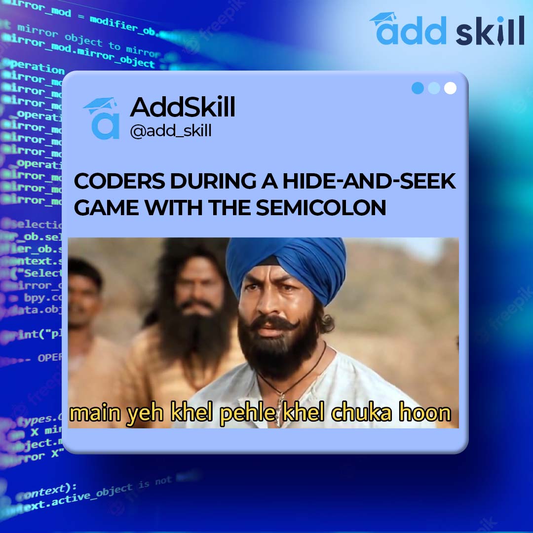 add_skill's tweet image. Never too experienced finding the semicolon.
.
.
.
#addskill #CodingClassroom #codingisforeveryone #java #react #reactjs #codenewbies #learncoding #programming #codingisfun #coding #training #placement #jobs #fullstackdeveloper #fullstackdev #frontenddeveloper #backenddeveloper