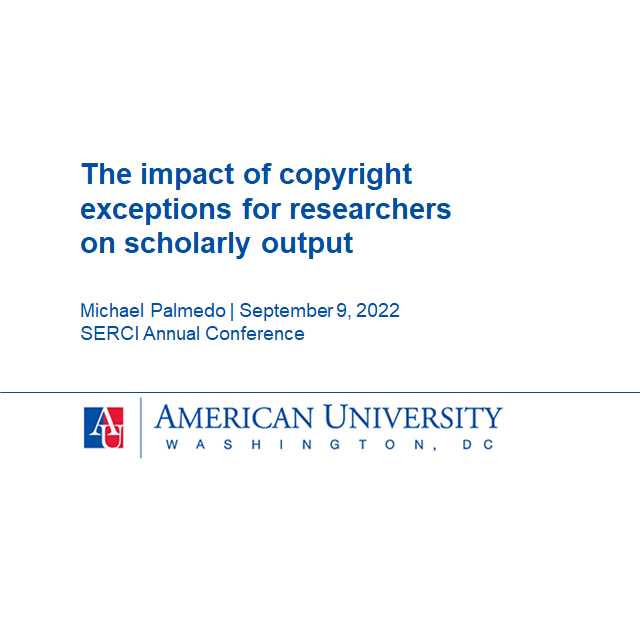 mikepalmedo's tweet photo. Tomorrow I give my first in-person conference presentation since Covid started. It has been too long! Will present the latest version of my paper on how stronger #copyright exceptions for researchers are associated with the authorship of more papers & books. #SERCI. #RTR https://t.co/jRHjFONhAa