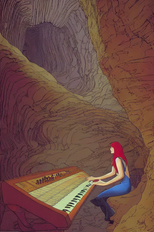 _deee_'s tweet photo. -- Cavernous Reverberation --

#synthesizer #digitalart #art

>Stable Diffusion UI v2.08 (beta)
>Prompt:
woman red hair playing a synthesizer in a cave, in the style of Jean Giraud Moebius

#imageREMIX https://t.co/TYYuMUdUlS