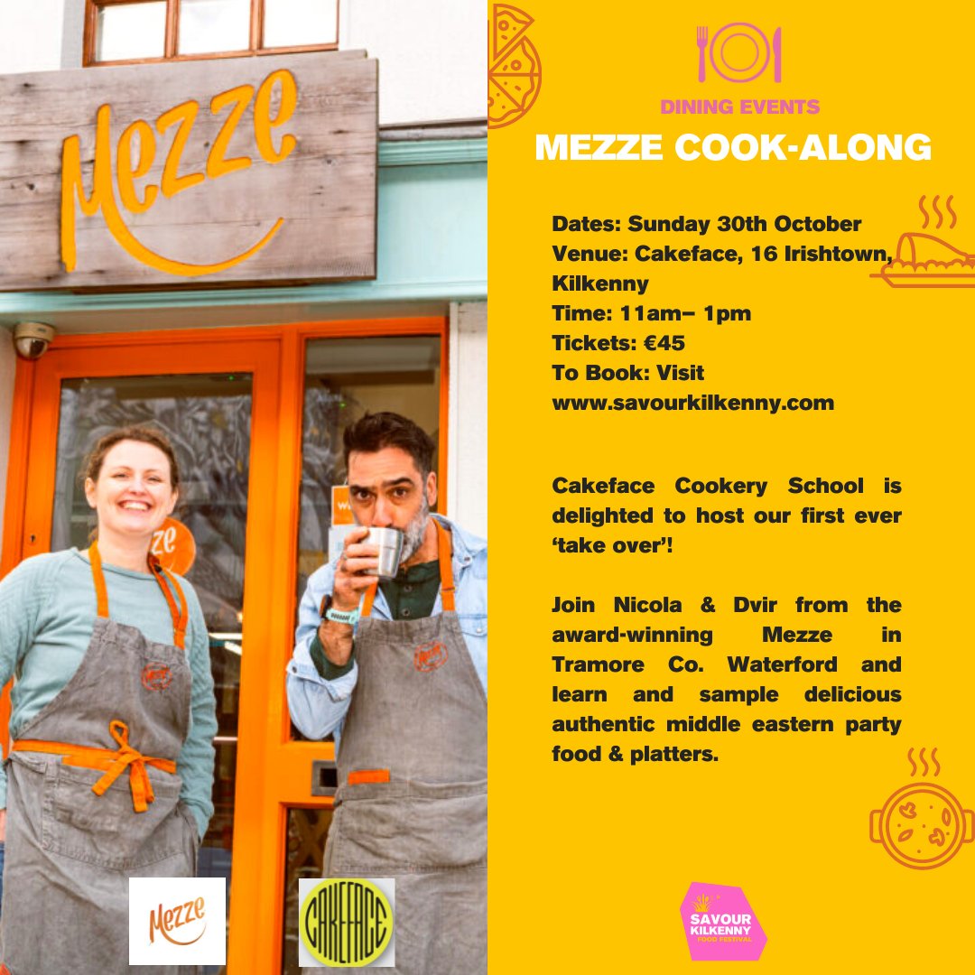 𝐌𝐄𝐙𝐙𝐄 𝐂𝐎𝐎𝐊-𝐀𝐋𝐎𝐍𝐆
<a href="/mideastmezze/">Mezze</a> ‘take over’ <a href="/cakefacepastry/">cakeface</a> 
Join Nicola &amp; Dvir from Mezze and learn and sample delicious authentic middle eastern party food &amp; platters 🥗

📅 Sun 30th Oct
⏰ 11am-1pm
📍 Cakeface, Kilkenny
🎫 €45
To book 👉 bit.ly/3QtHRIg