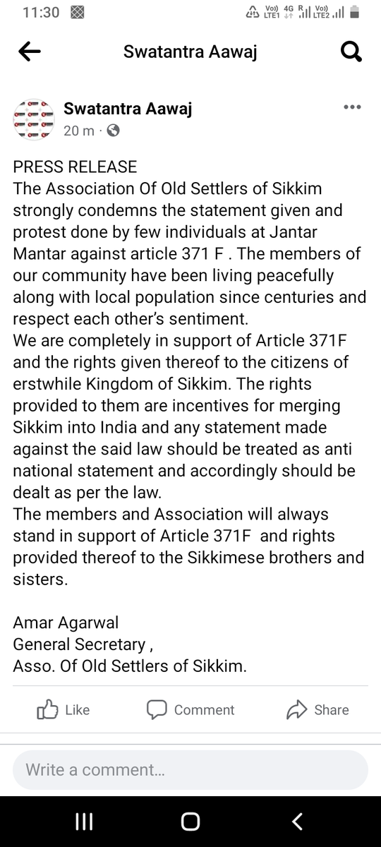 seema_aol's tweet photo. @narendramodi @AmitShah @JPNadda @BJP4India  unconstitutional protest on jantar mantar for abolishing article 371F- the spl protection provided to Sikkimese thru Indian constitution- creating unrest in Sikkim. Pl note #BJPSikkim will b held responsible for any unforseen incident. https://t.co/M23tsJiHAv