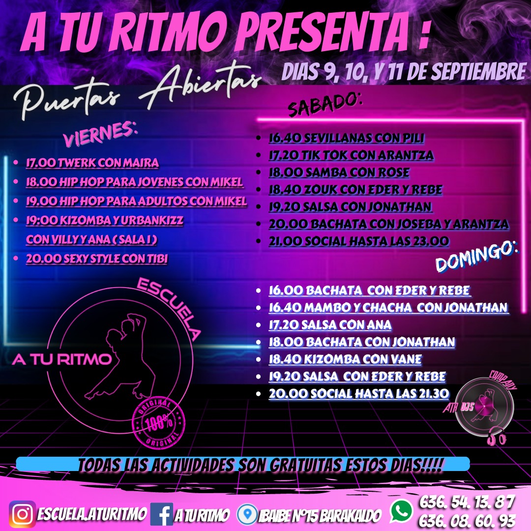 escuelaaturitmo's tweet photo. Empezamos finde de puertas abiertas!! todas las #clases #gratis!! #salsa #bachata #hiphop #kizomba #sevillanas #flamenco #barakaldo #zouk #twerk #perreo #sexystyle #heels #mambo #tiktok #urbankizz #FREE https://t.co/Tt3uNjkKKW
