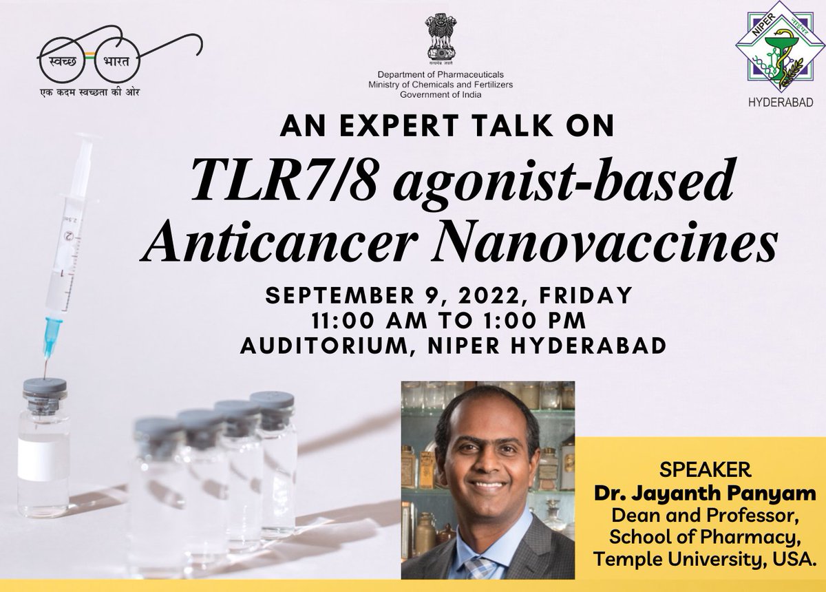 NIPERHyd's tweet photo. Glimpses of Expert talk on #TLR7/8 agonist-based #Anticancer #Nanovaccines organized at @NIPERHyd 

Speaker- Dr Jayanth Panyam, Dean &amp; Professor, School of Pharmacy, @TempleUniv #USA 

@Pharmadept @mansukhmandviya @OfficeOf_MM @bhagwantkhuba @rajneeshtingal https://t.co/LWLsmtsjAl