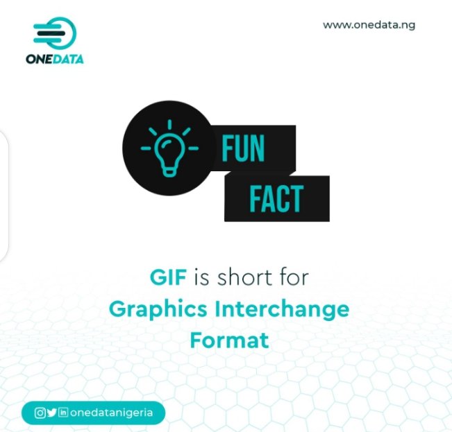 onedatanigeria's tweet photo. Did You Know that GIF is short for Graphics Interchange Format?
#tgif #cablenetwork #allnettechnique #fiber #cableindustry #funfact #telecommunications #fiberoptic #netflix #youtube #spotify #datasaving #applemusic #boomplaymusicng #fiberopticsnetworks #fastestinternet https://t.co/7phkTlx0r3