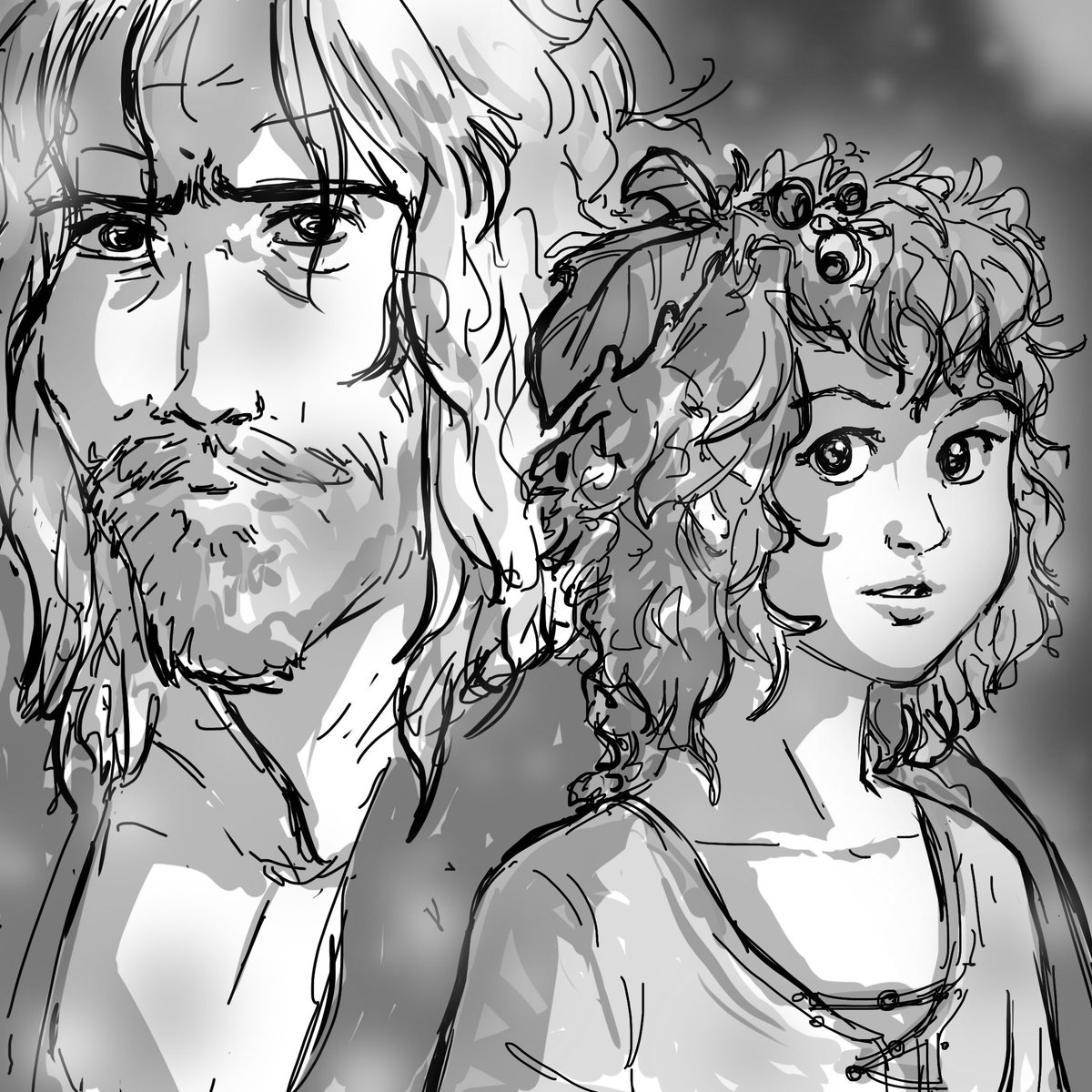 This is a very quick sketch I did for myself after working today of my two favorites from #RingsOfPower . I’m loving it so far!