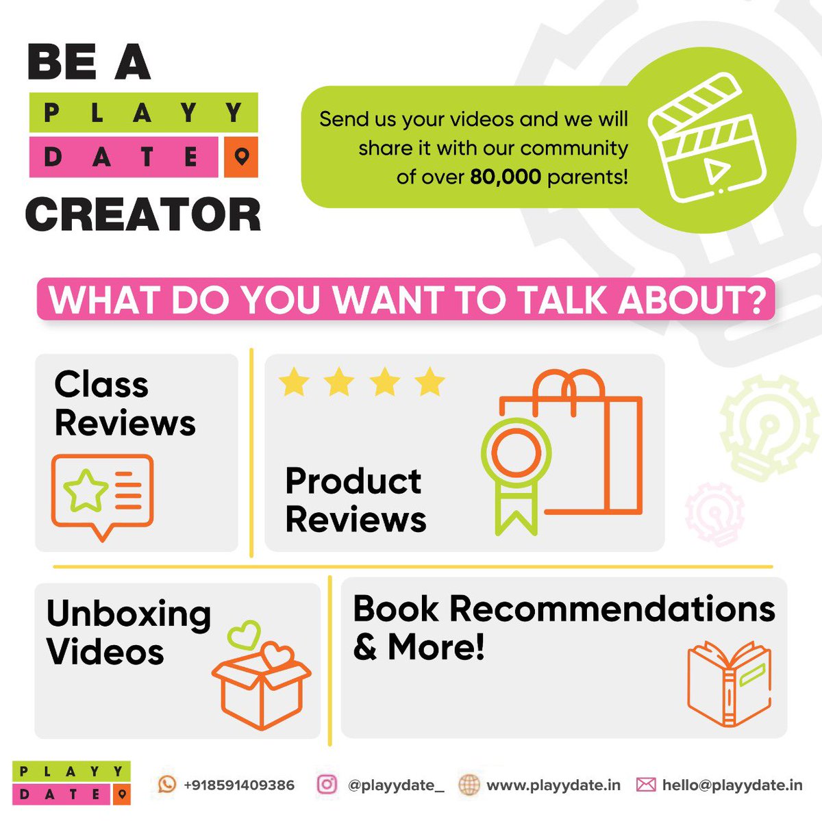 Playydate_'s tweet photo. Become a Playydate Creator!
We've always been about our awesome community of parents and now we would love to give your voice, our platform! @Playydate_ will now feature your honest, genuine, reviews and feedback on learning products, activity classes, brands, Books &amp; more. https://t.co/HzV1BaDgmp